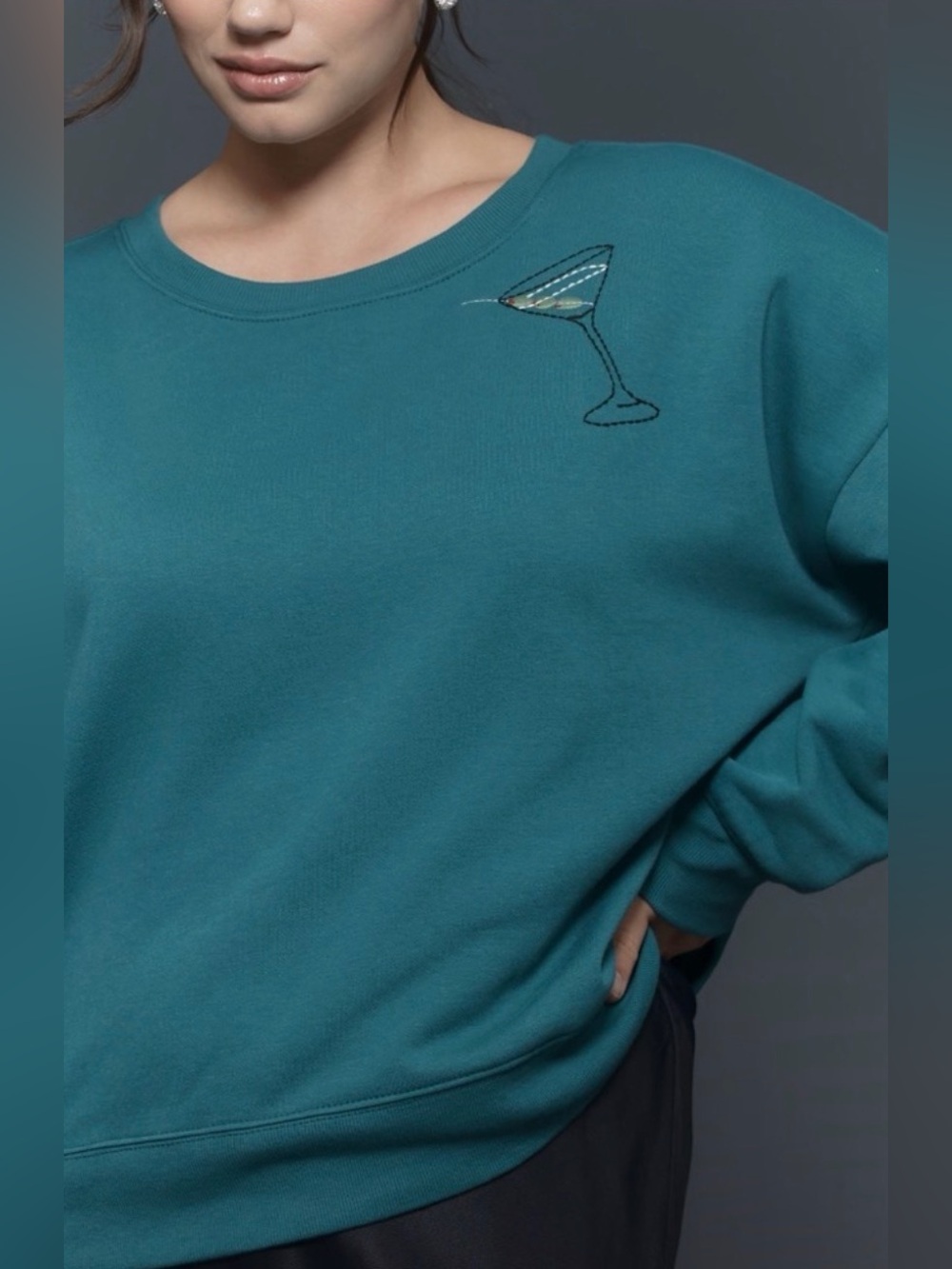 Nwt Maeve Teal Crewneck Sweater with Cocktail Embroidery